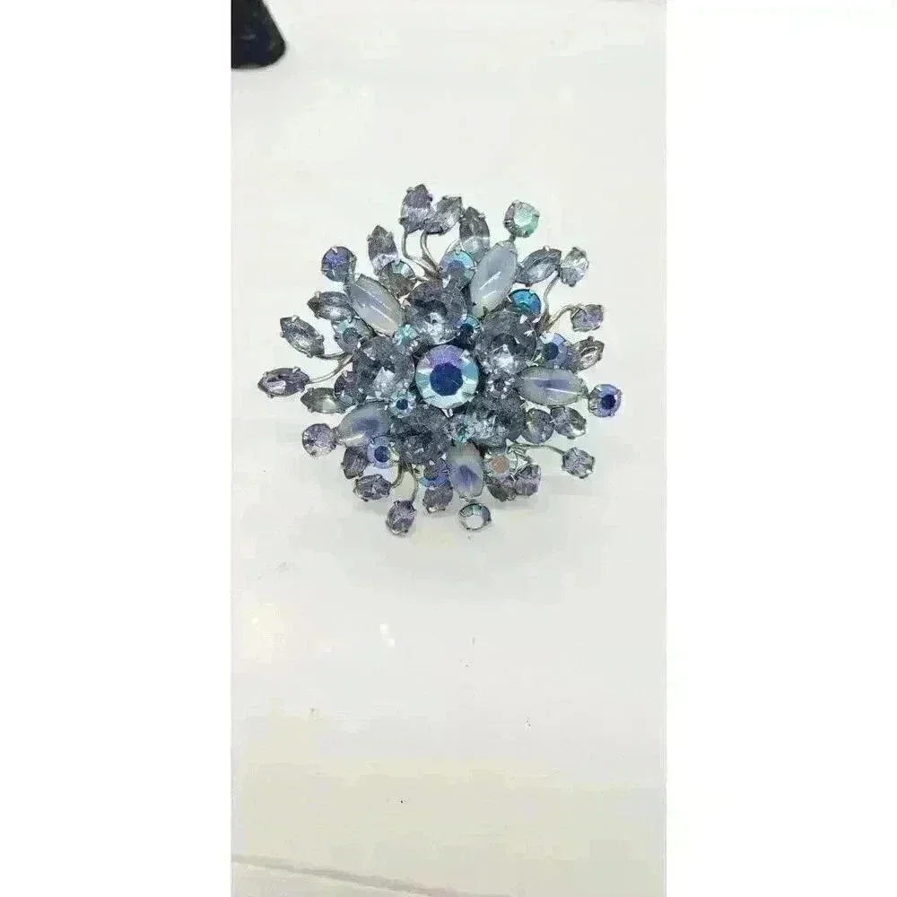 Vintage Blue Brooch Rhinestone & Moonstone Beau Judy Lee Spray Large Statement